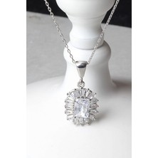 By Barun Kare Kolye Baget Taşlı Beyaz Silver Zirkon Taşlı 925 Ayar Gümüş Kolye