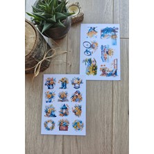 Kolbi Craft 2 Sayfa 18 Adet Mavi Sarı Çiçek Temalı Sticker Seti Piknik Pencere Bisiklet Sticker Vintage Sticker