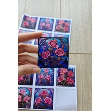 Kolbi Craft 12 Adet Vitray Gül Sticker Seti Bullet Journal Laptop Termos Renkli Cam Kare Sticker