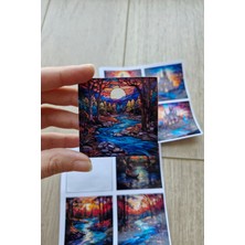 Kolbi Craft 8 Adet Vitray Kale Orman Sticker Seti Bullet Journal Laptop Termos Renkli Cam Kare Sticker