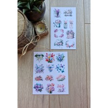 Kolbi Craft 2 Sayfa 20 Adet Pembe Mor Çiçek Sticker Seti Şemsiye Yeşil Şapka Kuş Sticker Vintage Sticker