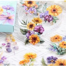 Kolbi Craft 60 Adet Şeffaf Sarı Mor Çiçek Sticker Bullet Journal Scrapbook Şeffaf Laptop Ajanda Planlayıcı
