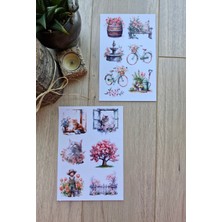 Kolbi Craft 2 Sayfa 13 Adet Çiçek Temalı  Sticker Seti  Çiçek Kedi Pencere Country Sticker Vintage Sticker