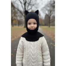Meriç Bebe Kedi Kulaklı Triko Balaklava Siyah Bebek Bere Kar Maskesi Unisex 4-6 Yaş