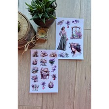 Kolbi Craft 2 Sayfa 21 Adet Mor Temalı Sticker Yeşil Mor Çiçek Kız Sticker Vintage Sticker