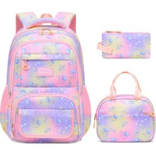 Hüvendo Su Geçirmez Çok Cepli Ortopedik Omuz Destekli Kız Çocuk 3 Lü Okul Çanta Seti Pembe Lila