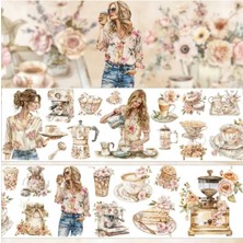 Kolbi Craft Şeffaf Pembe Kahve Kız Tema Pet Bant Rulo 5CMX2M Scrapbook Bullet Journal Ajanda Washi Tape