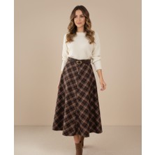 PNR Woman Ekose Desenli Kahve Etek Kemerli