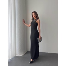 Serac Collection Kadın Omuz Çoklu Askılı Önü Taş Işlemeli Balık Kesim Janjan Krep Maxi Boy Elbise