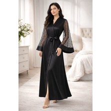 Maram Moda Siyah Saten Kolları Inci Detaylı Gelin Sabahlık Kimono