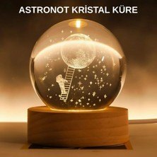 Argesco Mühendislik 3D Astronot Kristal Küre Gece Lambası USB Ahşap Standlı Dekoratif Işık