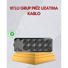 Argesco Mühendislik 10 Prizli Uzatma Kablosu Termal Koruma USB Type-C Hızlı Şarj 2500W
