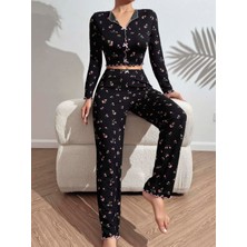 Intive Lingerie Kadın Çiçek ve Fiyonk Desenli Yumuşak Pamuklu Uzun Pijama Takımı 5134