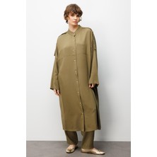 Micca %100 Doğal LyoCELL ile Dökümlü Soft Hissiyat Rahat Kalıp Apolet ve Özel Düğme Detaylı Maxi Tunik-Haki