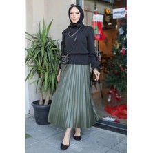 DoQun Zarif ve Modern Pileli Parlak Krep Gizli Lastikli Haki Etek