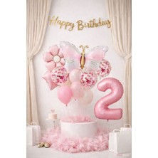 Meri Parti Kelebek Konsept Doğum Günü Balon Seti – Pudra Pembe Gold Happy Birthday Bannerlı Folyo Rakam Balon