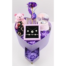 Trend Robo Sevgililer Günü Hediyesi–mor Kalp Kutulu Papatya Gümüş Takı SETI-925 Ayar Gümüş Kolye,bileklik,küpe