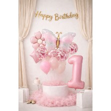 Meri Parti Kelebek Konsept Doğum Günü Balon Seti – Pudra Pembe Gold Happy Birthday Bannerlı Folyo Rakam Balon