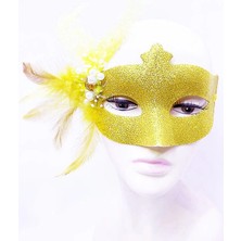 Ynt İthalat Sim Işlemeli Inci Boncuk Detaylı Tüylü Balo Maskesi Altın Renk 13X18 cm