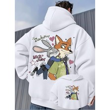 Unisex Oversize Zootopia Nick & Judy Baskılı Kapüşonlu Sweatshirt