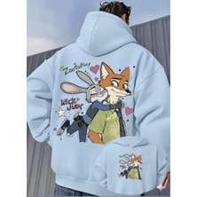 Unisex Oversize Zootopia Nick & Judy Baskılı Kapüşonlu Sweatshirt