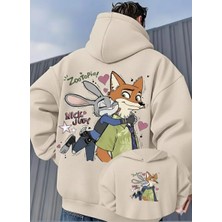 Unisex Oversize Zootopia Nick & Judy Baskılı Kapüşonlu Sweatshirt