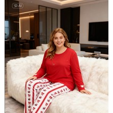 NiCe İç Giyim Kırmızı Fiyonk Baskılı Battal Beden Kadın Pijama Takım Esnek Kumaş Cotton 3xl -5xl Büyük Beden