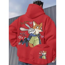 Unisex Oversize Zootopia Nick & Judy Baskılı Kapüşonlu Sweatshirt