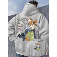 Unisex Oversize Zootopia Nick & Judy Baskılı Kapüşonlu Sweatshirt