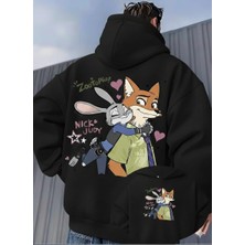 Unisex Oversize Zootopia Nick & Judy Baskılı Kapüşonlu Sweatshirt