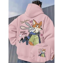 Unisex Oversize Zootopia Nick & Judy Baskılı Kapüşonlu Sweatshirt