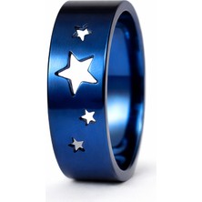 Unisex Mavi Çelik Yüzük Yıldız Desenli Modern Alyans Modeli – Paslanmaz Çelik Mat Lacivert Trend Erkek & Kadın Yüzük