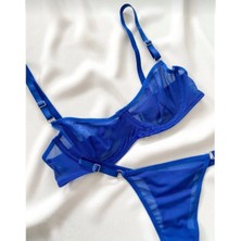 Freya Saks Mavisi Tül Detaylı Balenli Tanga Model Iç Çamaşırı Takımı