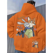 Unisex Oversize Zootopia Nick & Judy Baskılı Kapüşonlu Sweatshirt