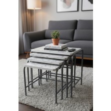 Ars Beyaz Mermer Desenli Zigon Sehpa, 4'lü Sehpa,çay Servis Sehpası