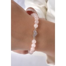 Pembe Kuvars Taşlı 925 Ayar Gümüş Kalp Özel Tasarım Bileklik