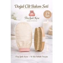 Kitchen Live 2’li Set Ekru Banyo Duş Kesesi Peeling Eldiveni %100 Floş Ipek & Doğal At Kılı Selülit Fırçası