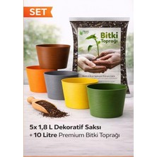 5'li 1,8 L Dekoratif Kırılmaz Saksı Seti + 10 L Premium Bitki Toprağı ( Cocopeat & Perlitli)