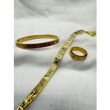 Cartier Paslanmaz Çelik Suya Dayanaklı Bilezik Yüzük Bileklik 3'lü Takı Seti