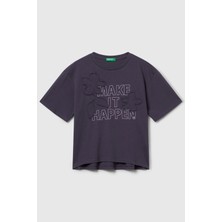 United Colors Of Benetton Koyu Gri Kadın / Kız Kj_önü Baskılı Aplikeli Ribana Yakalı Relaxed Fit T-Shirt Model Kodu: ( 3I1XC10QDKOYU Gri)