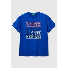 United Colors Of Benetton Saks Mavi Erkek Ej_önü Logo Baskılı Bisiklet Yaka T-Shirt Model Kodu: ( 3I1XC10Q419R)