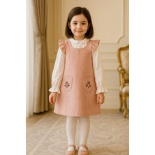 Kız Çocuk Pudra Kadife Jile Elbise (6-9 Yaş