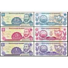 Özbience Nikaragua 1991 1-5-25 Centavos 3'lü Set, Eski Yabancı Kağıt Para