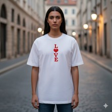 Etoile Studio Unisex %100 Pamuklu Oversize Grafik Baskılı Bisiklet Yaka Tişört Sevgili Kombini Love