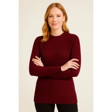 Fresco Scarfs Bisiklet Yuvarlak Yaka Triko Kazak Pamuklu Kalın Fitilli Dokuma, Regular Fit Uzun Kollu Kışlık Model - Bordo