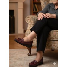 Shoemix Hakiki Deri Kadın Bordo Topuk Dikeni Destekli Comfort Dolgu Taban Loafer Ayakkabı