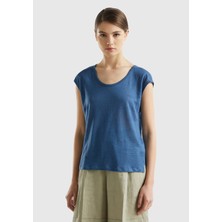 United Colors Of Benetton Mavi Kadın / Kız BN_%100 Keten Rahat Kalıp Geniş Bisiklet Yaka Kolsuz T-Shirt Model Kodu: ( 3KGQE16B1217)