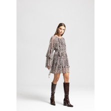 Ayshan Zebra Desenli Fırfır Detaylı Kuşaklı Mini Elbise