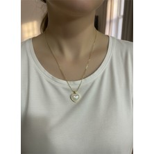 Kokoş Çelik Kolye Incili Kalp ve Taş Detay