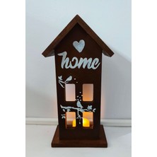 Elaceren Dekoratif Ahşap Ev Figürü  Home Yazılı, Modern Rustik Masa  Duvar  Raf Için   LED Mumlu Süs Dekor